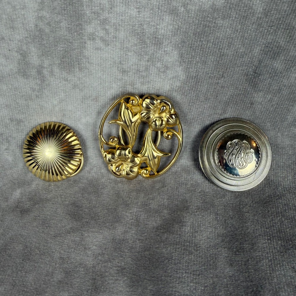 Vtg Scarf Clip Lot 3pc Gold Silver Tone Floral Sunburst Monogram Mixed Set EUC
